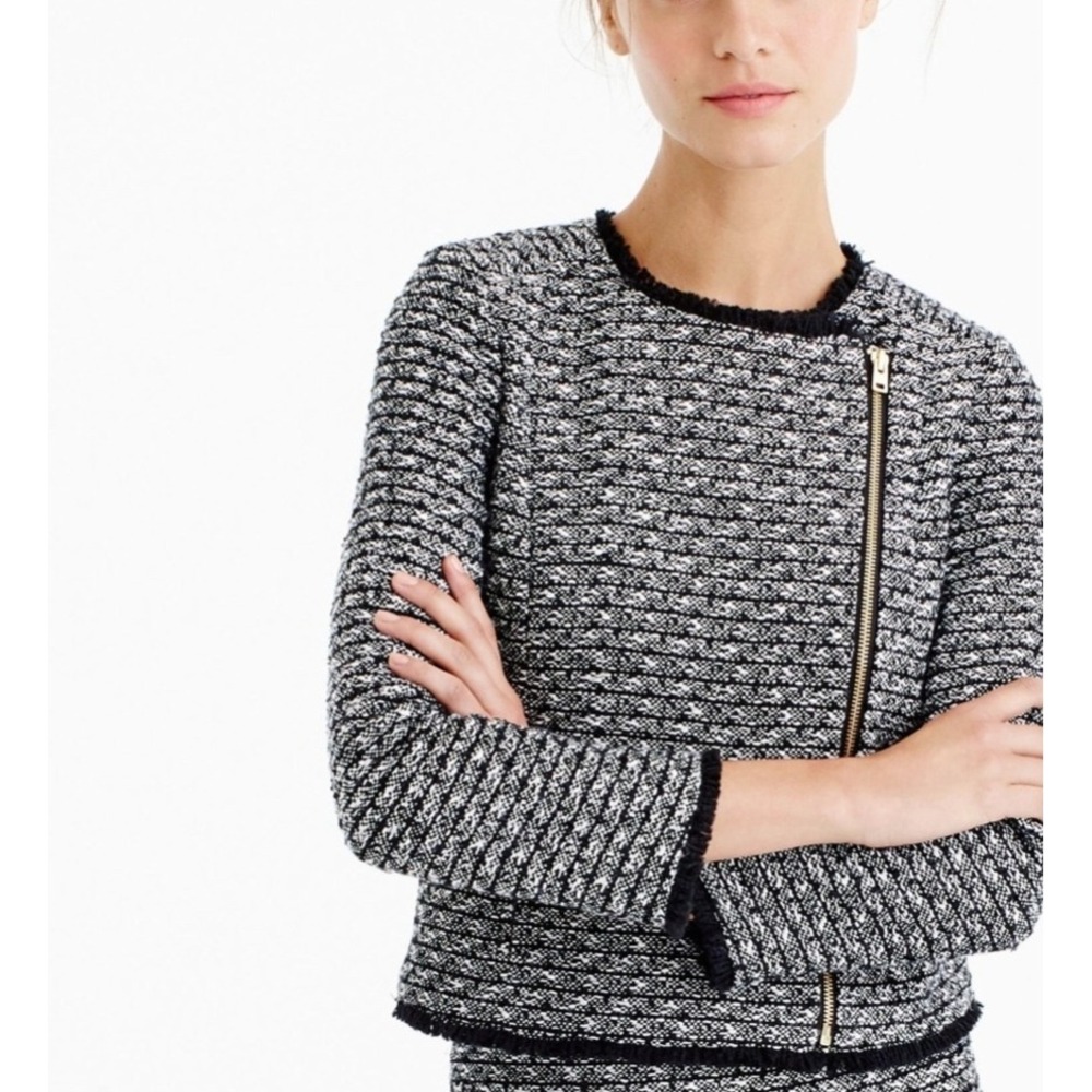 J.Crew Fringed Tweed Moto Jacket Black White Asymmetrical Zip Size 6